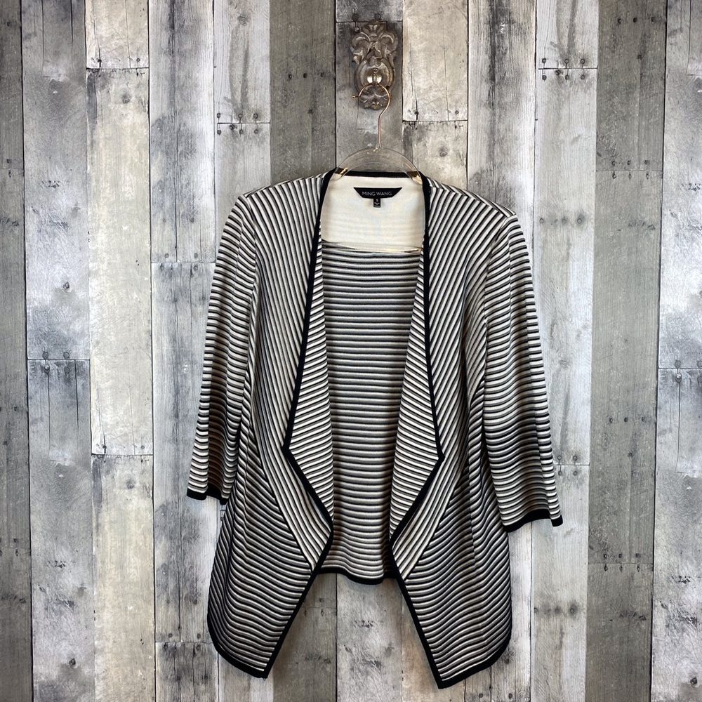 Ming Wang Striped Draped Open Front Cardigan Jacket In Black & White Size Small.